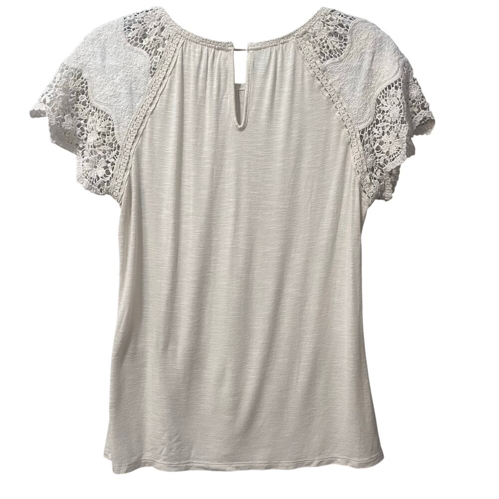 Adiva Women's Crochet Short Sleeve Keyhole Back Cream Blouse Small - Picture 2 of 7